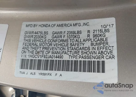 2018 Honda Accord Touring z USA, uszkodzony, nr VIN 1HGCV1F92JA014490